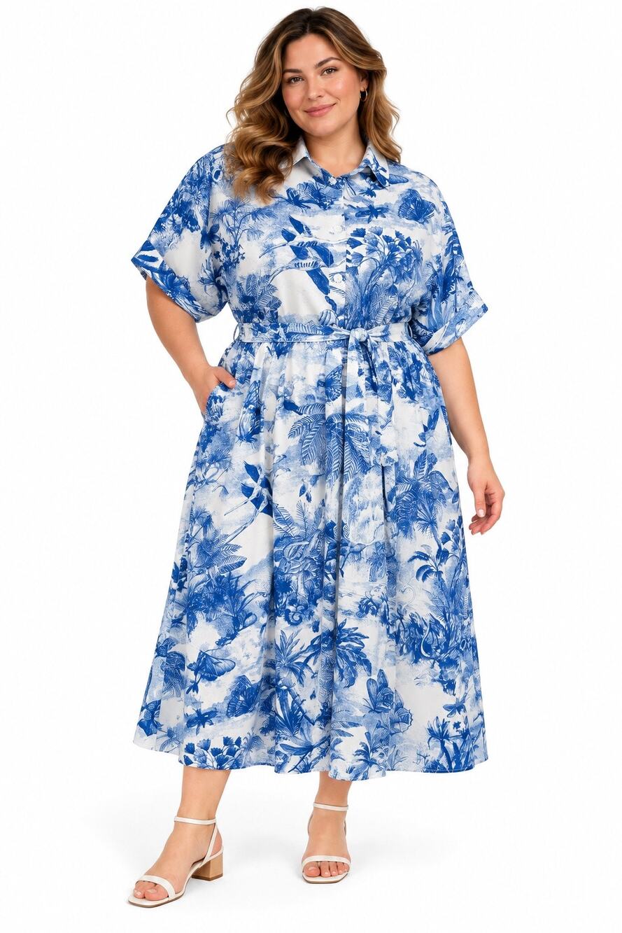 Shein Blue & White Bird Flamingo Butterfly Flora Short Sleeve Belted Maxi Dress